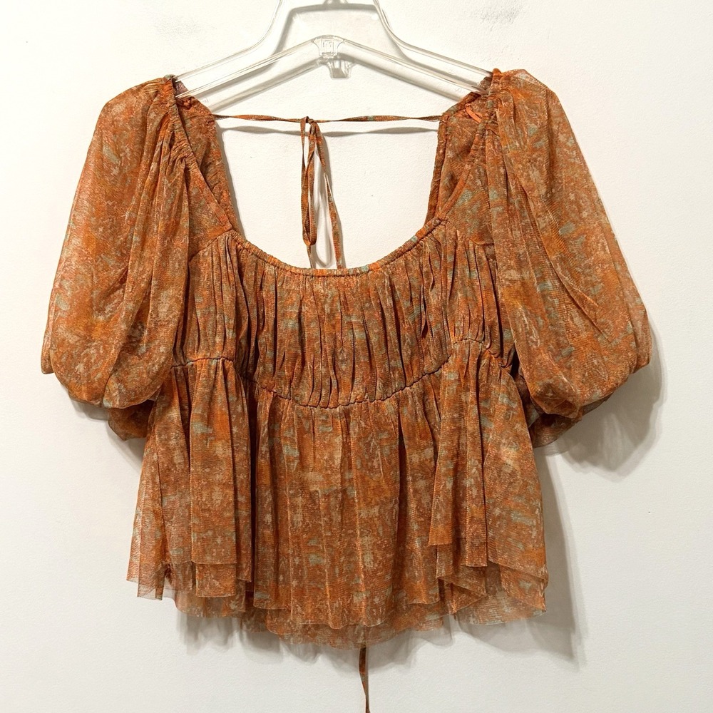 Free People Top XL Penelope Printed Smocked Peplum Top Orange Chiffon Summer NEW